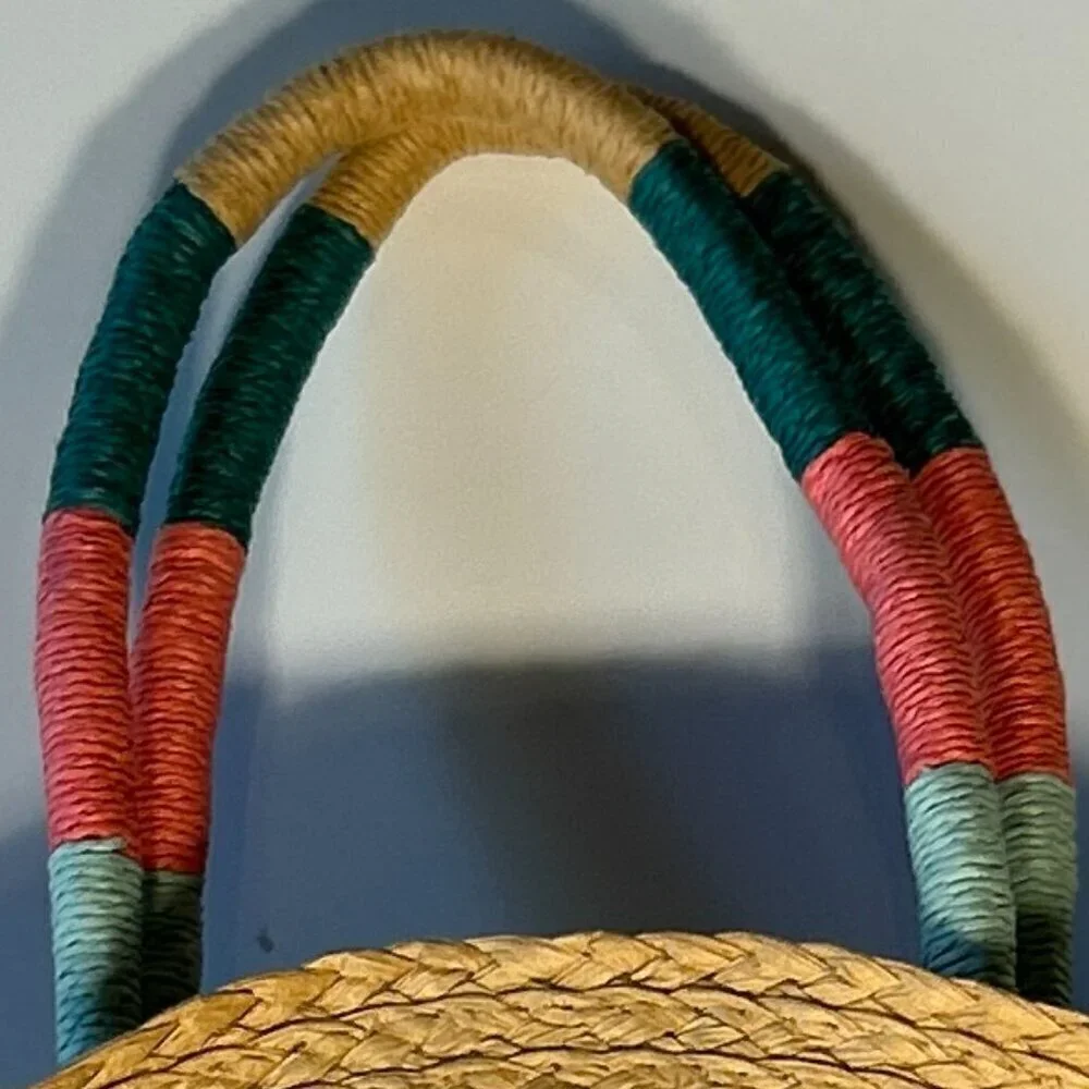 Round Rattan Woven Large Tote Bag Bright Trim resort beach summer vacation